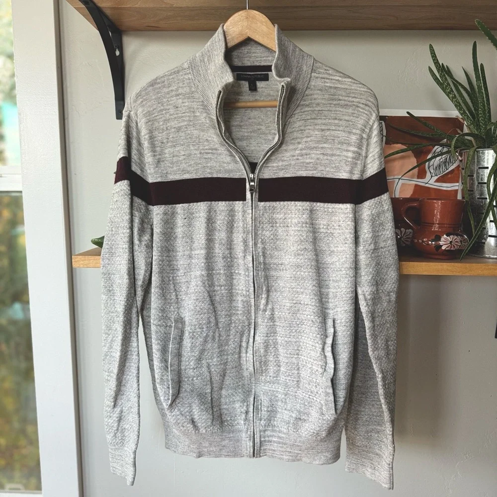 Banana Republic Light Gray Burgundy Stripe Full Zip Cardigan Size Large